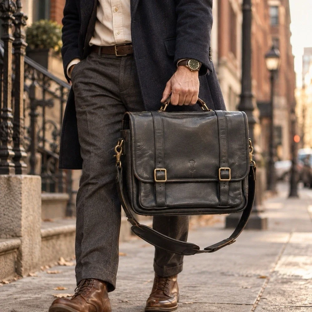 Frye Logan Black Leather Top Handle Briefcase Flap Messenger Laptop Bag Men's